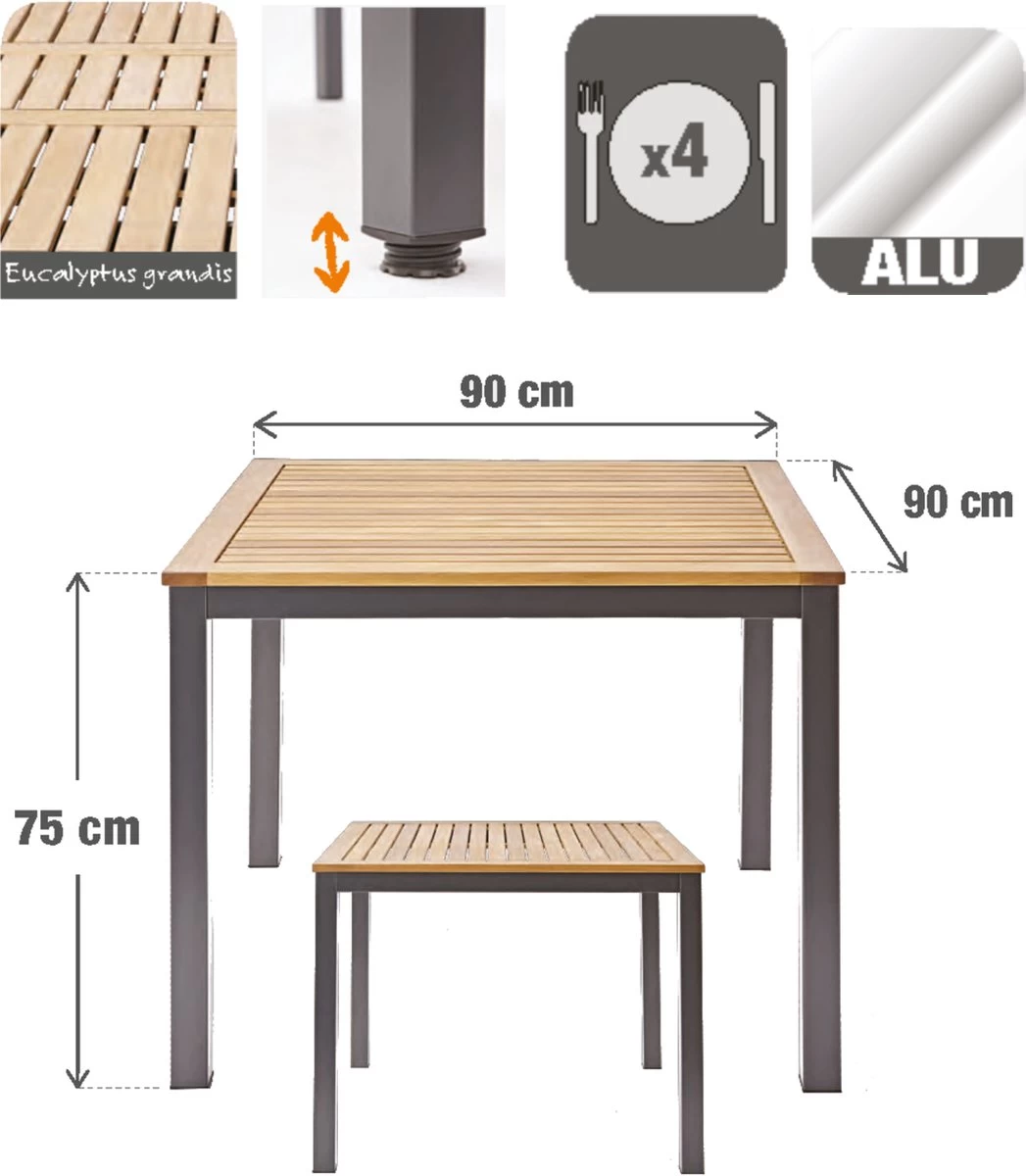 NATERIAL - Tuintafel Vierkant ORIS - 4 Personen - Houten Tafel 90x90 Cm - Aluminium - Met Houten Blad - Eucalyptus - Afbeelding 2
