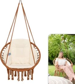 Vita5 Macramé Hangstoel - Voor Binnen En Buiten - Zonder Standaard - Incl. Kussen, Boekenvak En Beschermhoes - Tot 150kg - Bruin/Beige