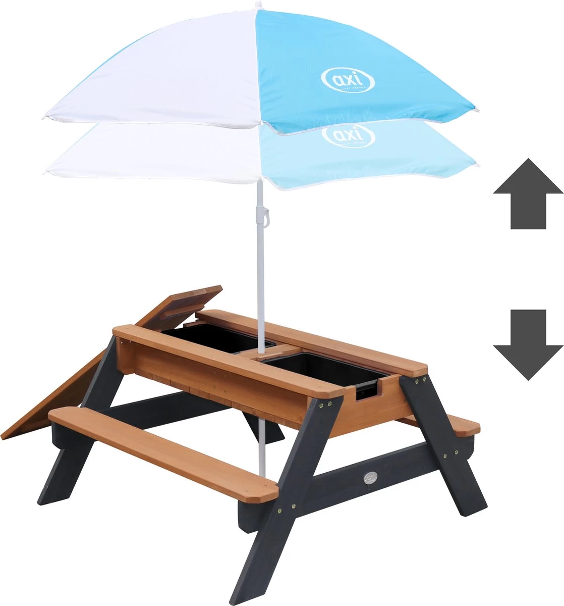 AXI Nick Zand & Water Picknicktafel In Antraciet/Bruin - Parasol Blauw/Wit - Picknick Tafel Voor Kinderen Van Hout - Afbeelding 2