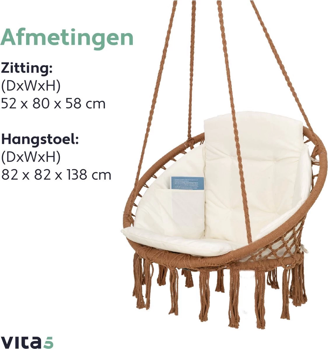 Vita5 Macramé Hangstoel - Voor Binnen En Buiten - Zonder Standaard - Incl. Kussen, Boekenvak En Beschermhoes - Tot 150kg - Bruin/Beige - Afbeelding 7