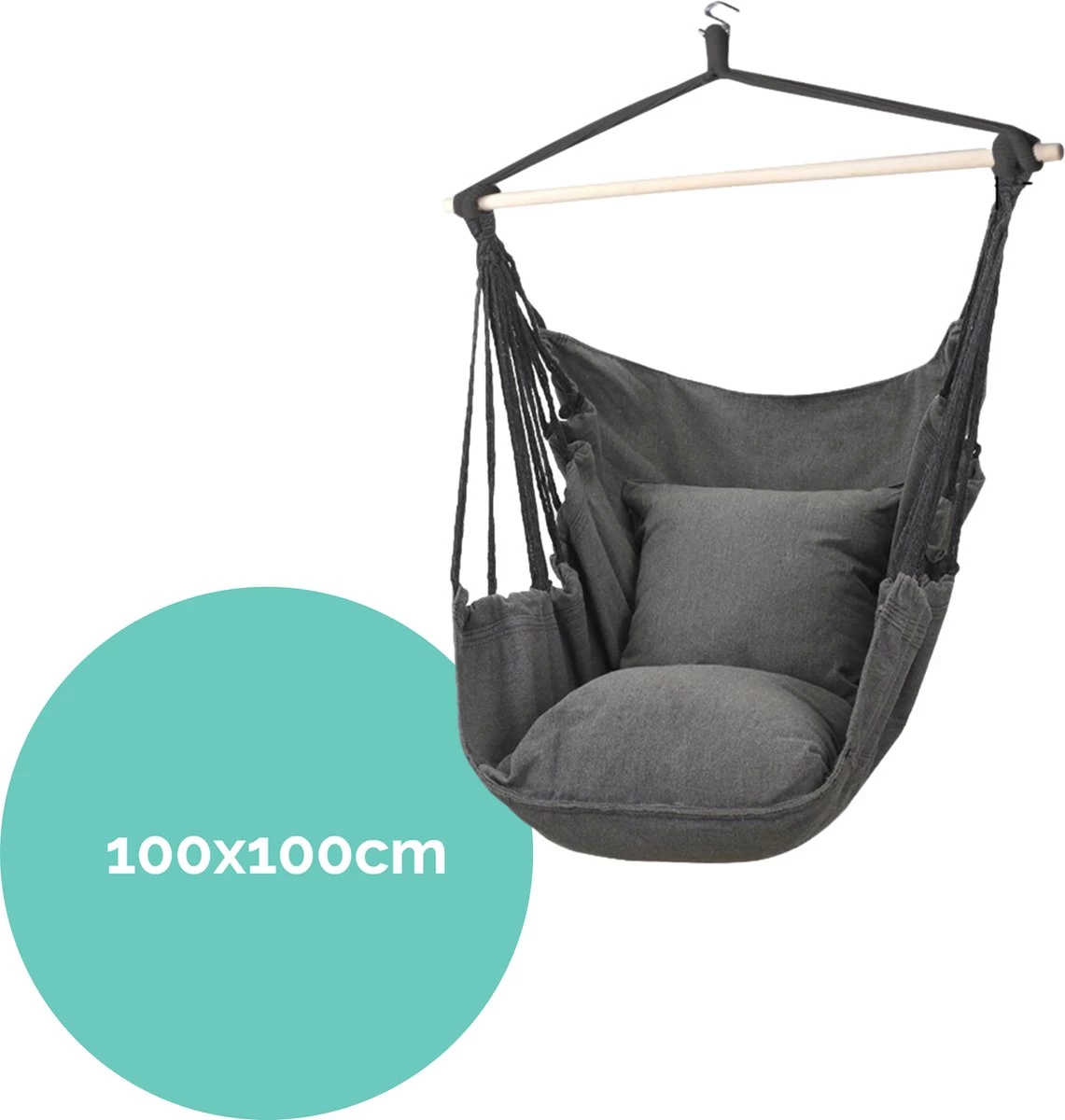 Hangmat Stoel - Hangstoel Voor Binnen Of Buiten - Incl. 2 Kussens - Zwart/Grijs Antraciet - Afbeelding 4