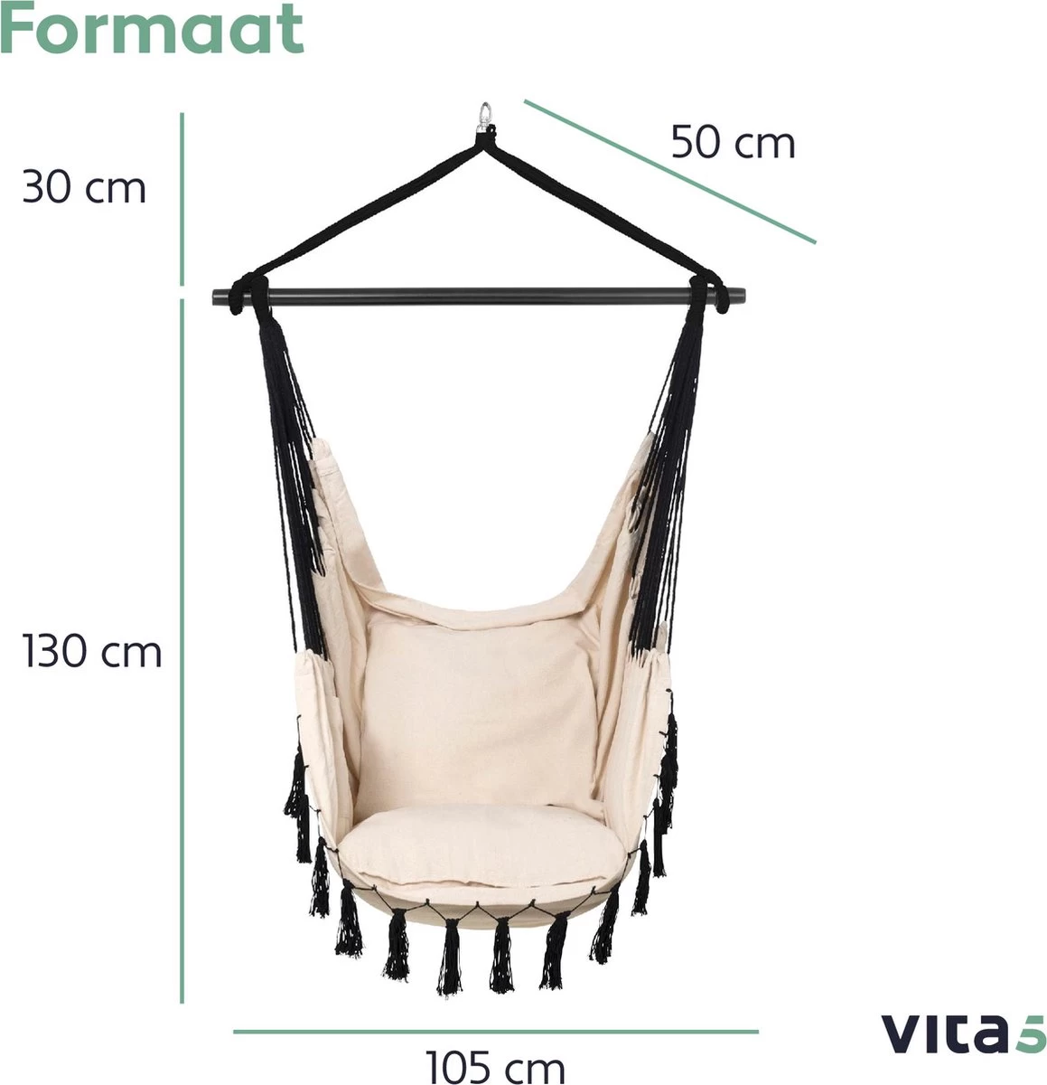 Vita5 XXL Hangstoel | Binnen&Buiten Hangnest | Incl. 2 Kussens En Boekenvak | Volwassenen&Kinderen | Hangmatstoel Tot 225kg | Beige - Afbeelding 7