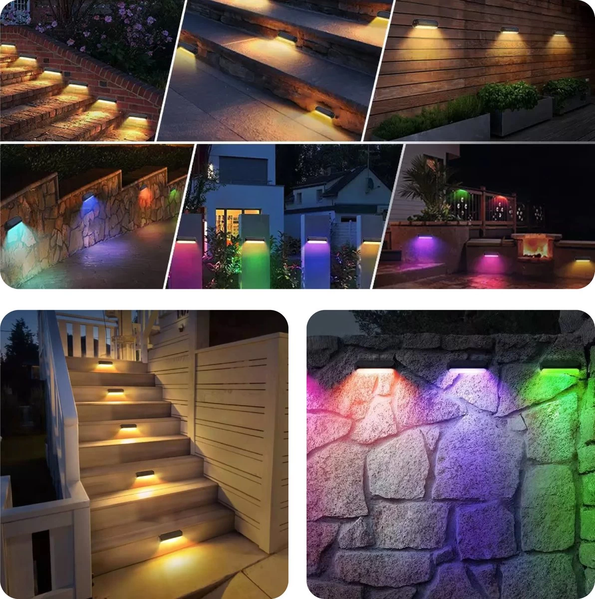 HEKO Solar® Tuinverlichting Dense - 4 Stuks - Solar Tuinverlichting Op Zonneenergie - Solar Wandlamp Buiten - Dag Nacht Sensor - 11 LEDs - RGB - Warm Wit Licht - Met Schroeven - Afbeelding 6
