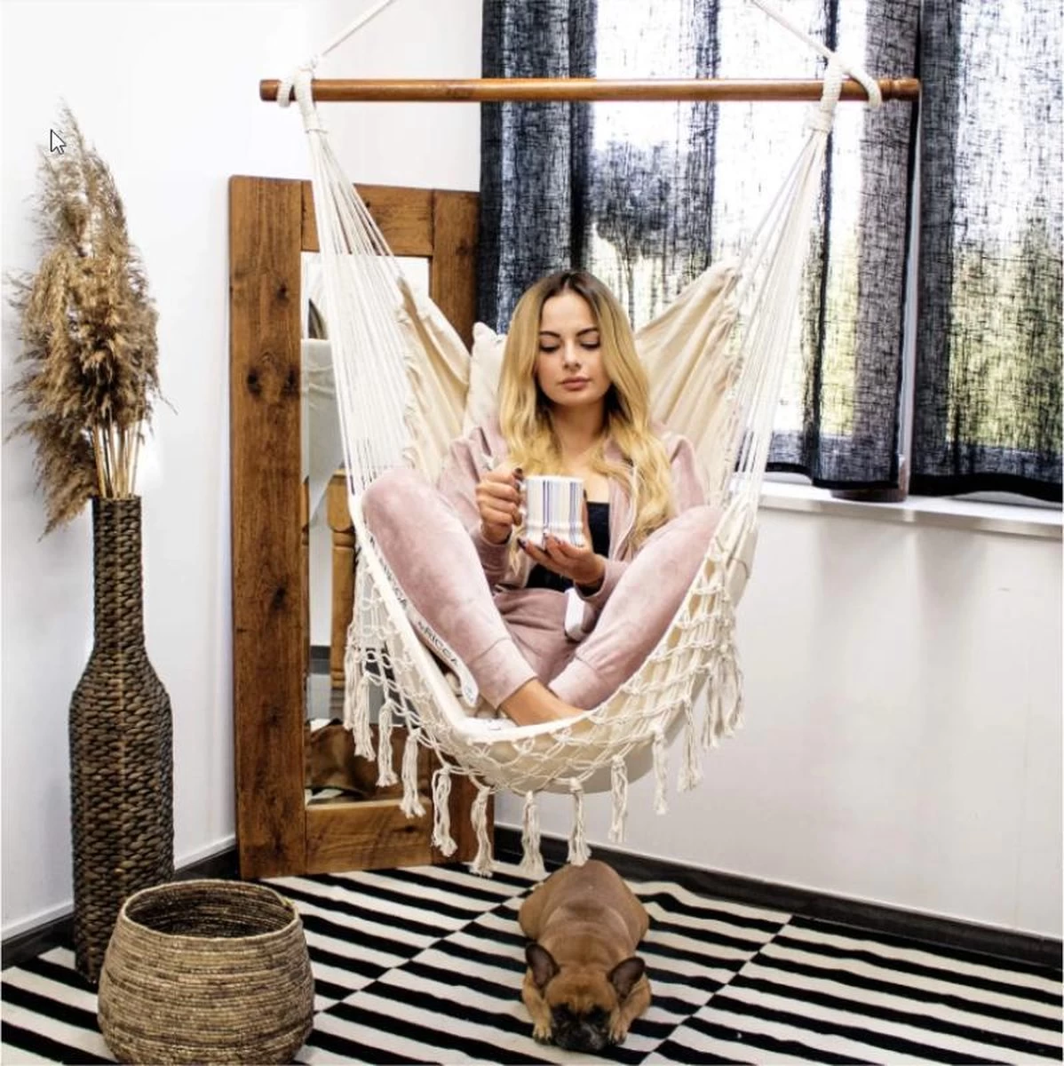 Springos Hangstoel | Binnen & Buiten | Met 2 Kussens | Boekenvak | Ook Voor Kinderen | Belastbaar Tot 150 Kg | Wit - Afbeelding 4