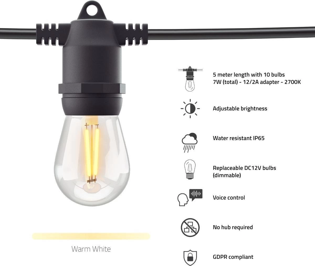 Hombli Smart Outdoor String Light 5m – Lichtsnoer Voor Buiten – Sfeerverlichting Voor In De Tuin, Balkon En Terras – Weerbestending IP65 - Afbeelding 2
