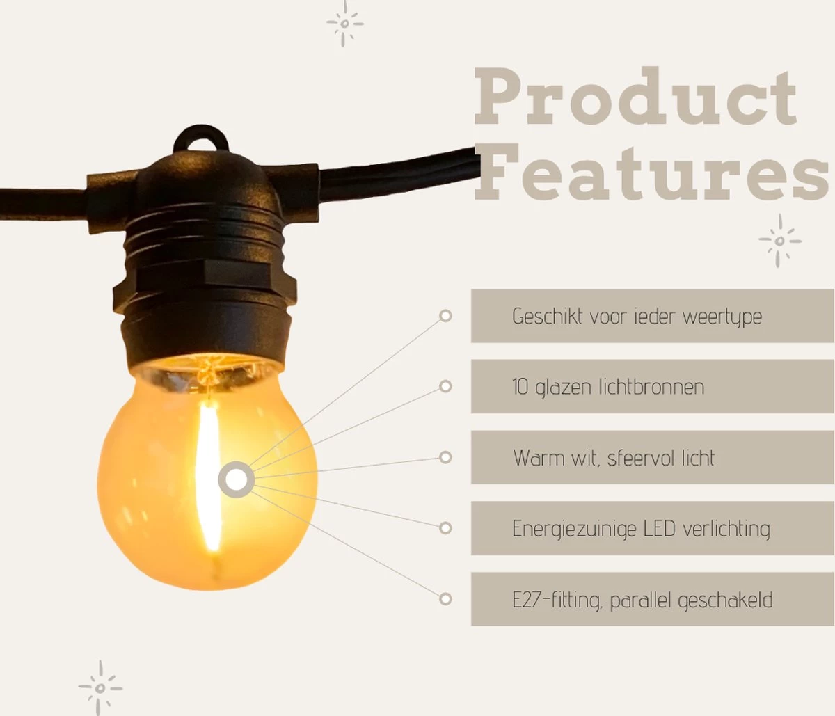 A Sunny Day Lichtsnoer Buiten - 10 Meter Inclusief 10 LED Lampen - 10 Meter Lichtsnoer Voor Buiten + 2 Meter Aansluitsnoer - Prikkabel - Priklicht - Lichtsnoer - 10 LED Lampen - E27 Fitting - Verlengbaar - Lichtsnoer Binnen - Afbeelding 3