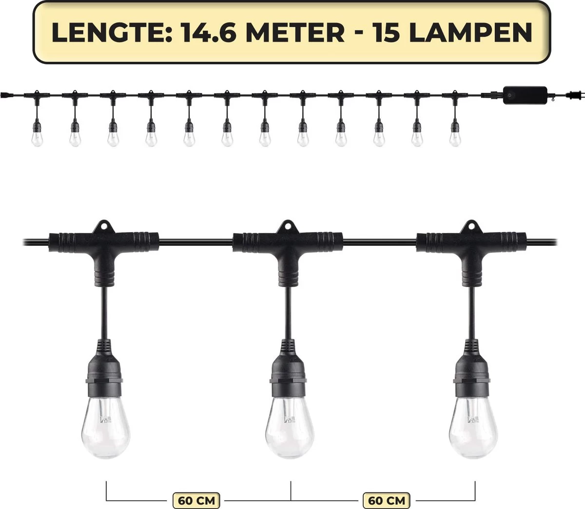 Nince Smart Tuinverlichting 15 Meter - Bedien Met Smartphone - Sfeerverlichting Voor In De Tuin - Lichtsnoer - Tuinverlichting Met Snoer - E27 - Afbeelding 2