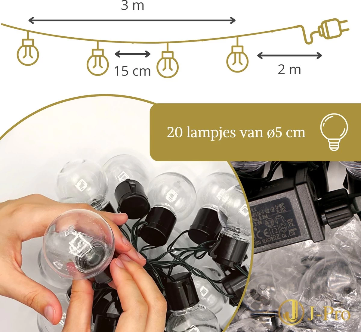 J-Pro Frigus 20 Lichtsnoer Buiten Op Netstroom - Tuinverlichting LED - Buiten Lichtslinger - 20 LEDs Tuinverlichting Met Stekker - 3+2m - ø5cm - Afbeelding 7