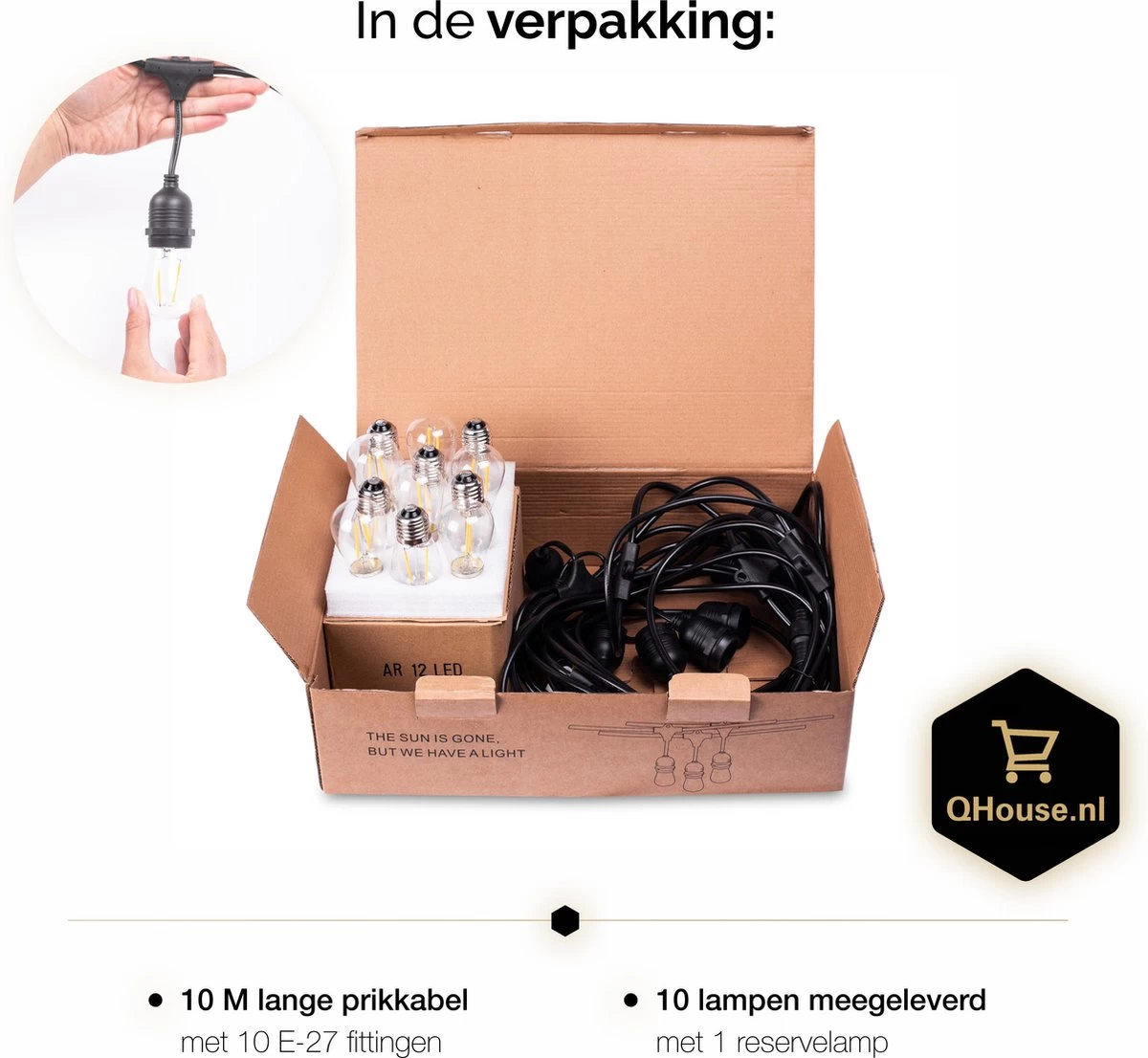 QHouse® Basic Black Lichtsnoer – Lichtslinger - Tuinverlichting - Tuinverlichting LED Buiten - Prikkabel – 10 Meter - E-27 Fitting - Zwart - Afbeelding 3