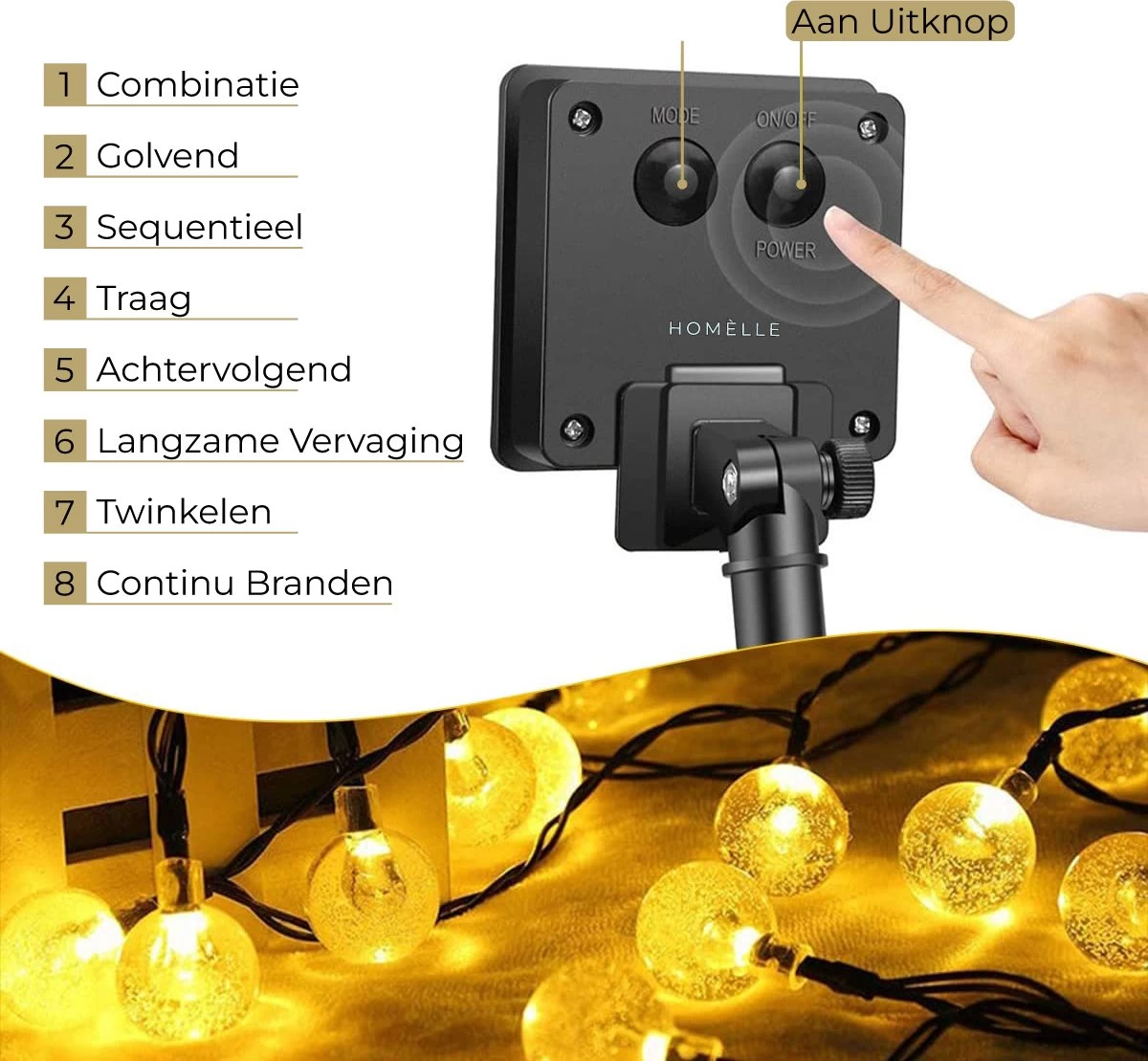 Homèlle Solar Lichtsnoer - 30 LED - 4 + 2 Meter - Warm-wit - ø2cm - Tuinverlichting Op Zonne-energie - Kerstverlichting - Buitenverlichting - Lichtslinger - Lampjes Slinger - Cristal - Afbeelding 4