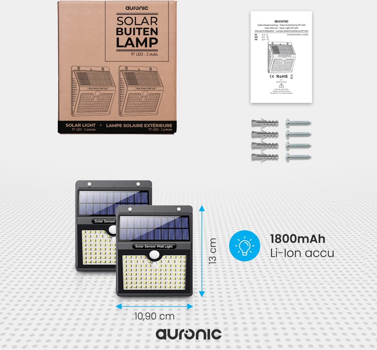 Auronic Buitenlamp - Zonne-energie - 2 Stuks - Bewegingssensor - 97 LED's - Wandlamp - IP65 - Zwart - Afbeelding 5