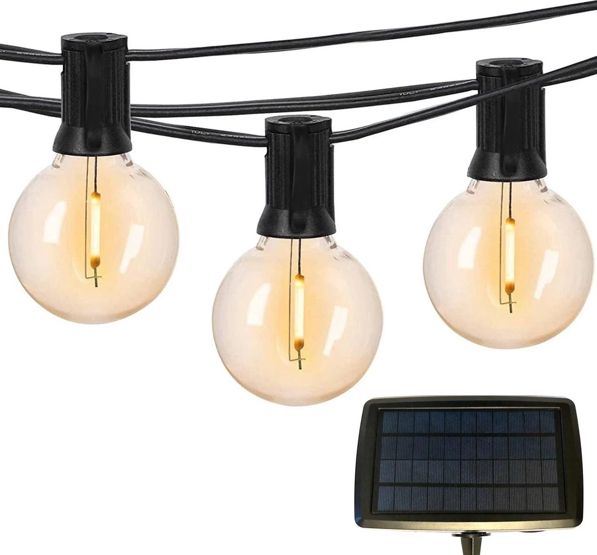 Merkloos Lichtsnoer Op Zonne-energie - Warm Wit - Tuinverlichting - Lichtslinger - 10M - Waterdicht - E27 Fitting - Warm Wit - Incl. 20 LED Lampen - Voor Binnen En Buiten - Solar Tuinverlichting - Afbeelding 2
