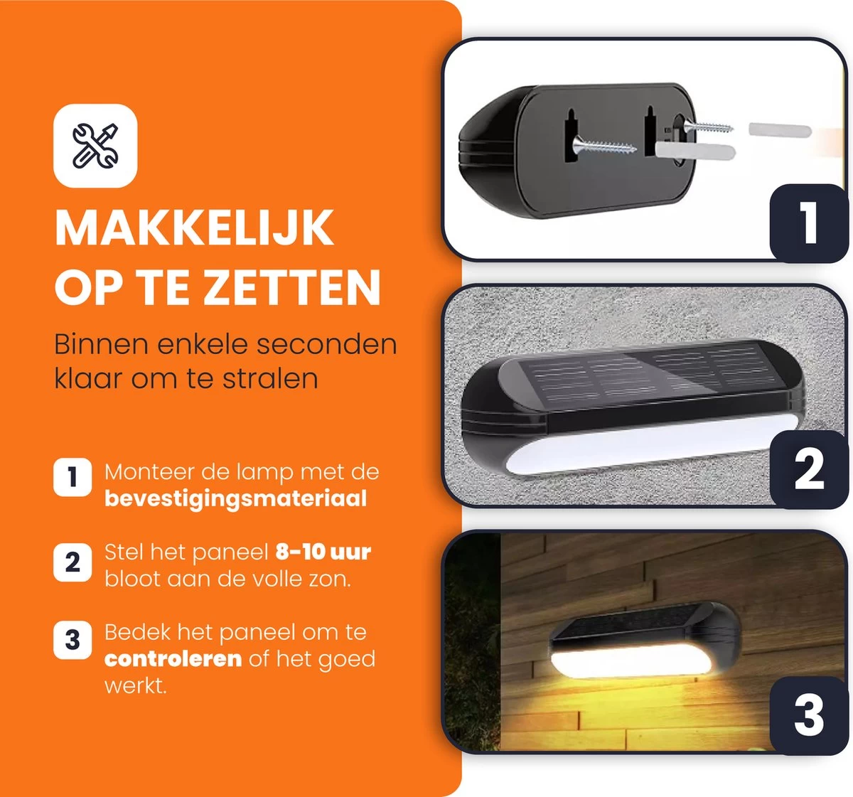 HEKO Solar® Tuinverlichting Dense - 4 Stuks - Solar Tuinverlichting Op Zonneenergie - Solar Wandlamp Buiten - Dag Nacht Sensor - 11 LEDs - RGB - Warm Wit Licht - Met Schroeven - Afbeelding 10