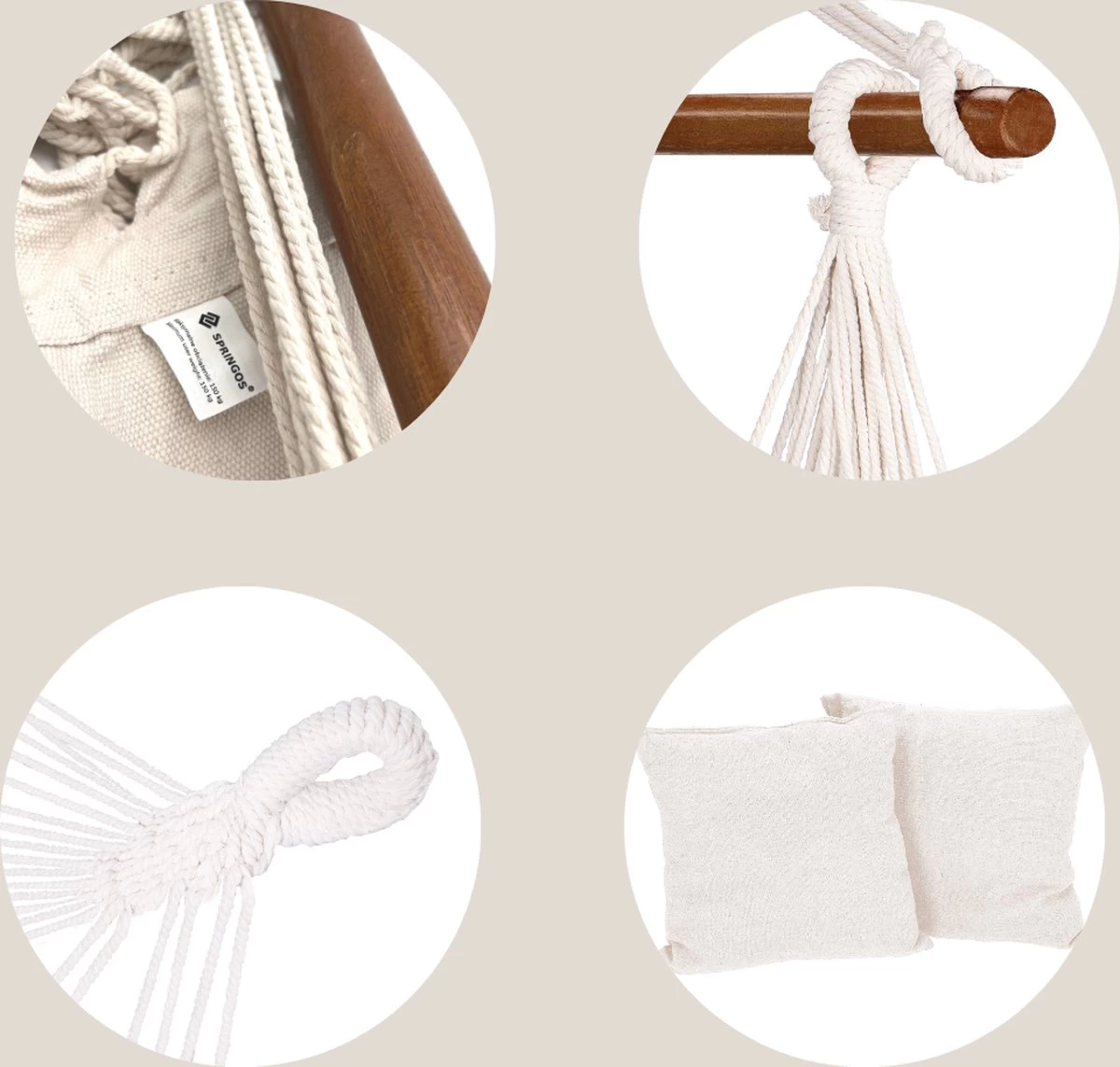 Springos Hangstoel | Binnen & Buiten | Met 2 Kussens | Boekenvak | Ook Voor Kinderen | Belastbaar Tot 150 Kg | Wit - Afbeelding 5