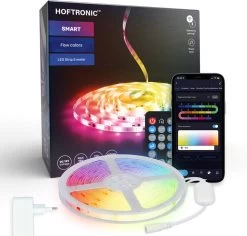 HOFTRONIC - Smart LED Strip 5m - RGB Flow Colors - WiFi + Bluetooth - 16,5 Miljoen Kleuren Met 120 LEDs - Music Sync - Met Afstandsbediening - Zelfklevend - Voor Google Home, Amazon Alexa En Siri