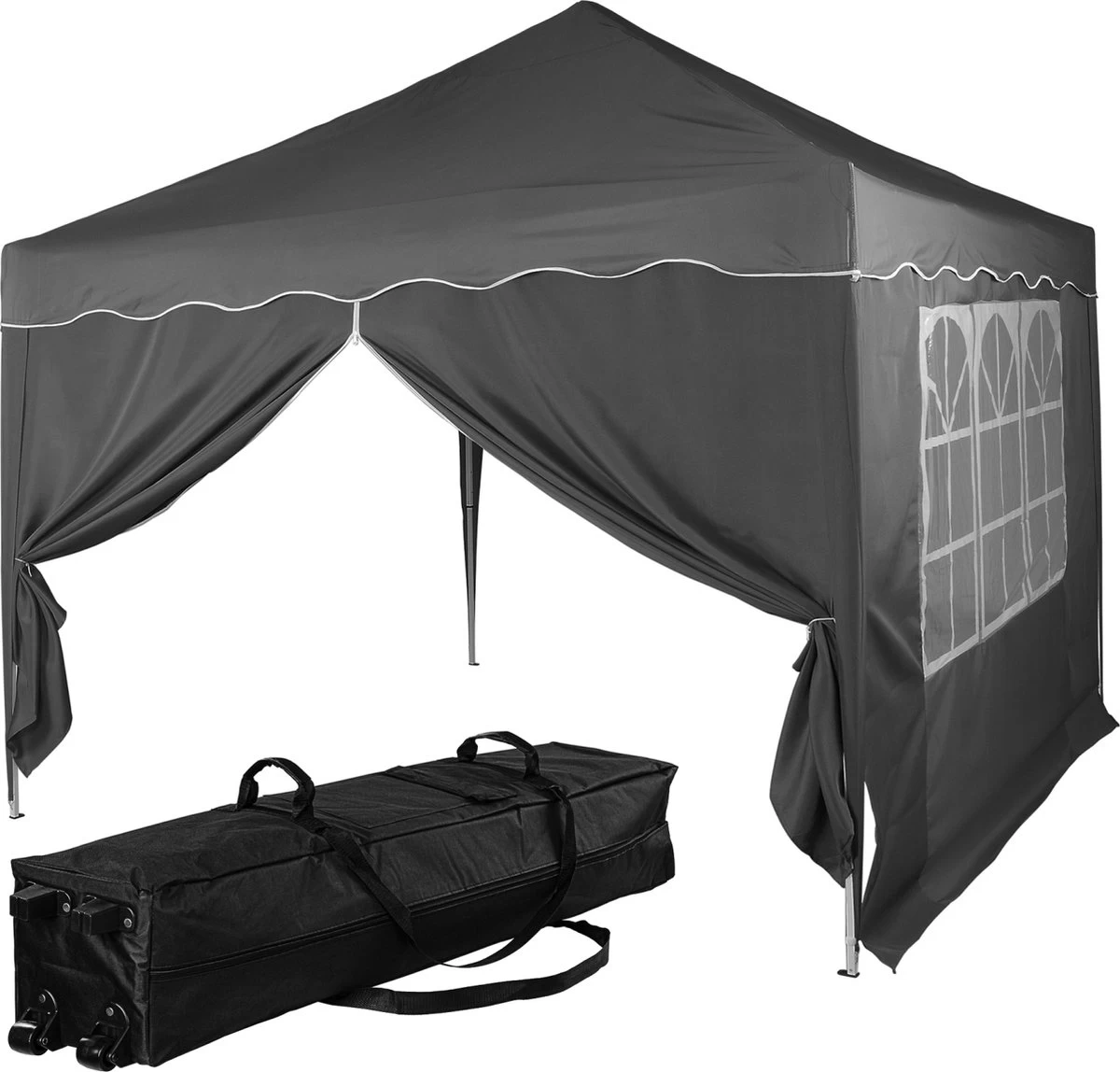 Easy Up Partytent - Partytent - Paviljoen - Partytent Opvouwbaar - Partytent 3x3 - Partytent Met Zijwanden - Inclusief Trolley - Waterdicht - UV 50+ Bescherming - Met Ramen - 16 Kg - Staal - Antraciet - 300 X 300 Cm