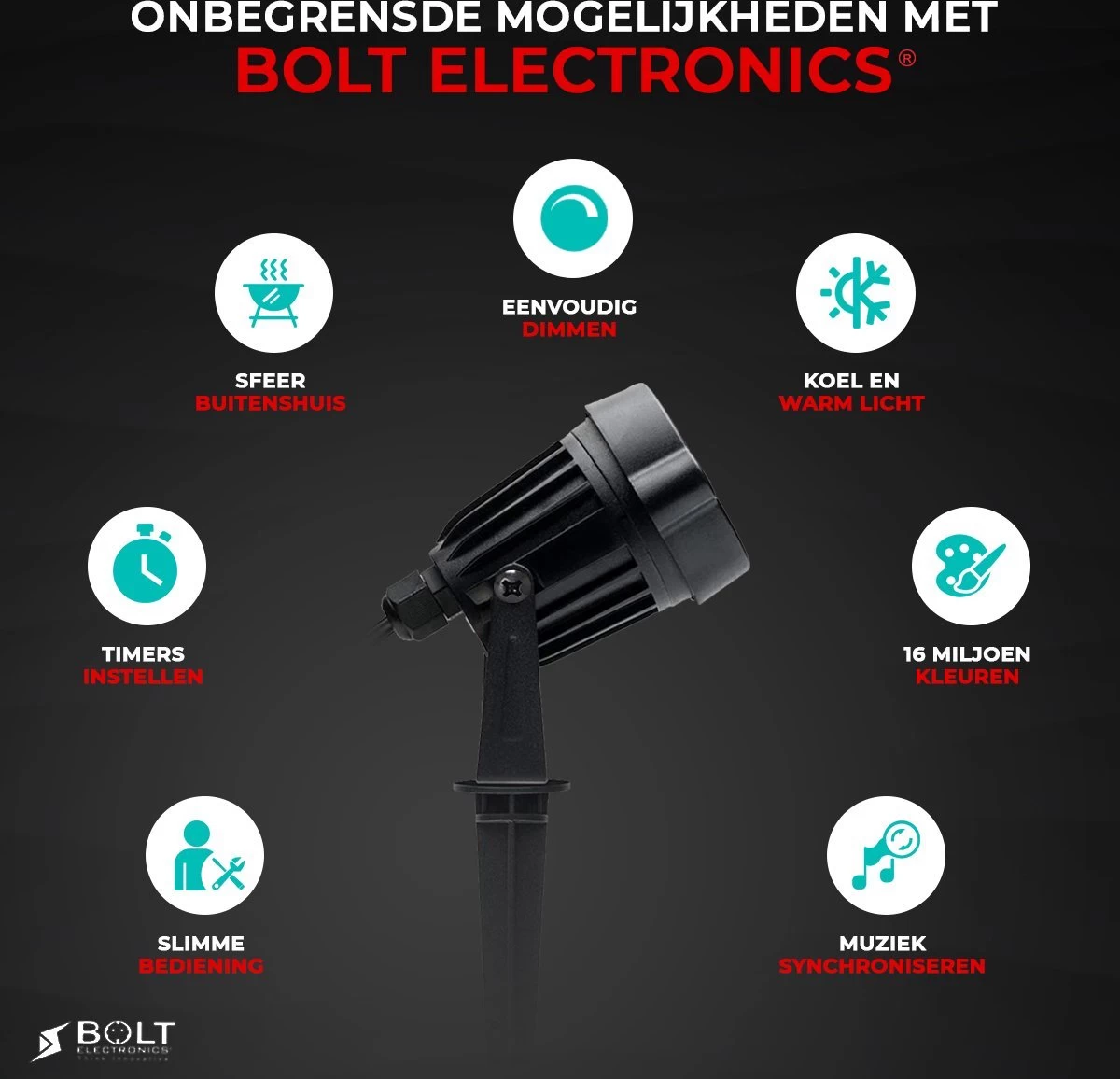 Bolt Electronics ® Tuinspot – Tuinverlichting LED Buiten – Hanglamp Buitenverlichting – Prikspot Buitenlamp - RGB Lamp – Bedienbaar Via App Tuinlamp – IP68 Waterdicht Muurlamp – Wandlamp – Verlichting Terras En Tuin – 9 Stuks - Afbeelding 7