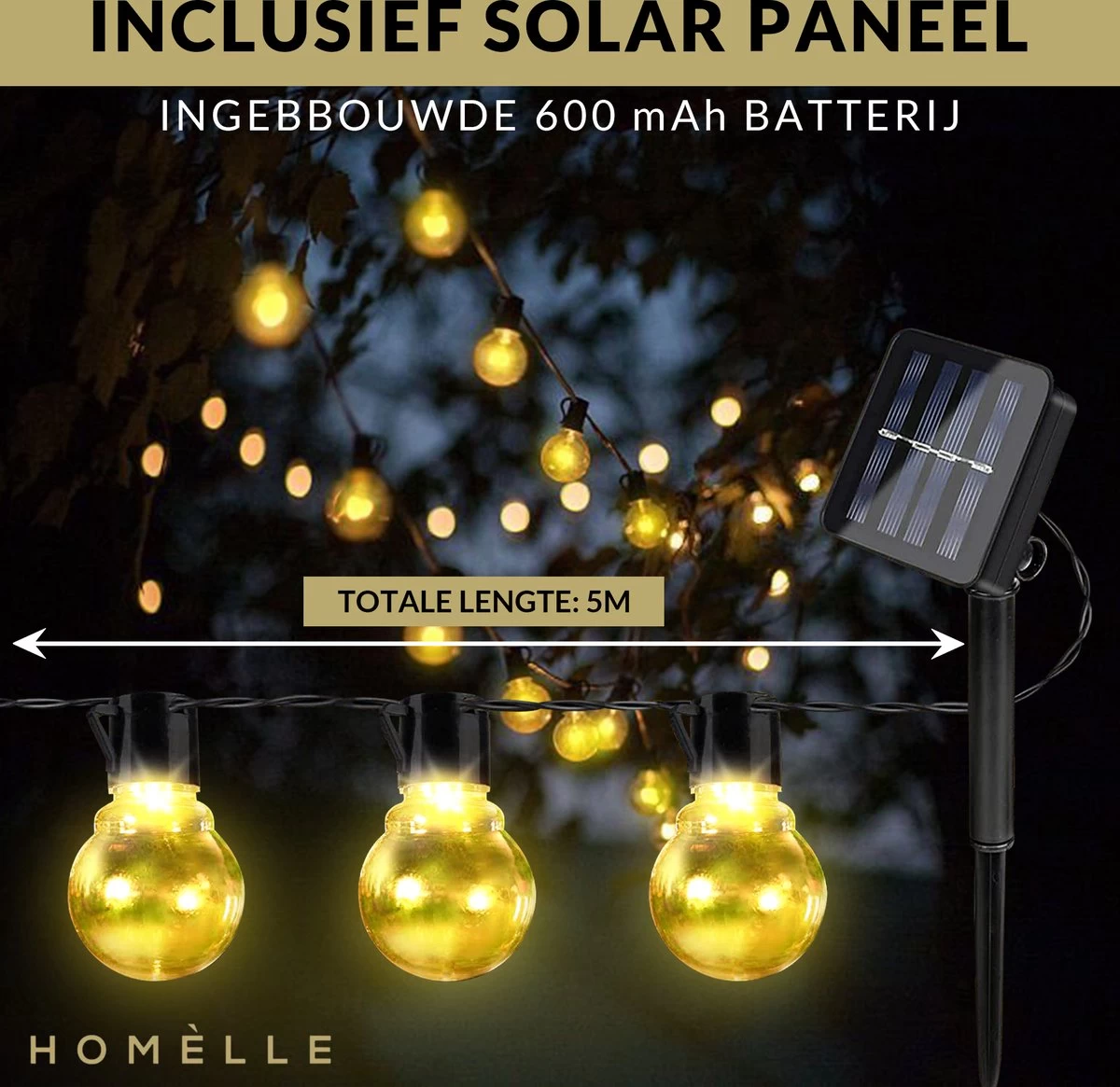 Homèlle Solar Lichtsnoer - 20 LED - 3+2 Meter - Warm-wit - ø5cm - Tuinverlichting Op Zonne-energie - Kerstverlichting - Buitenverlichting - Lichtslinger - Lampjes Slinger - Transparant - Afbeelding 7