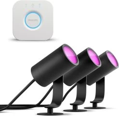 Philips Hue Lily Tuinspot Starterspakket Met Hue Bridge - Prikspot White And Color Ambiance - Prikspots Voor Buiten - Tuinverlichting - 3 Spots - Zwart