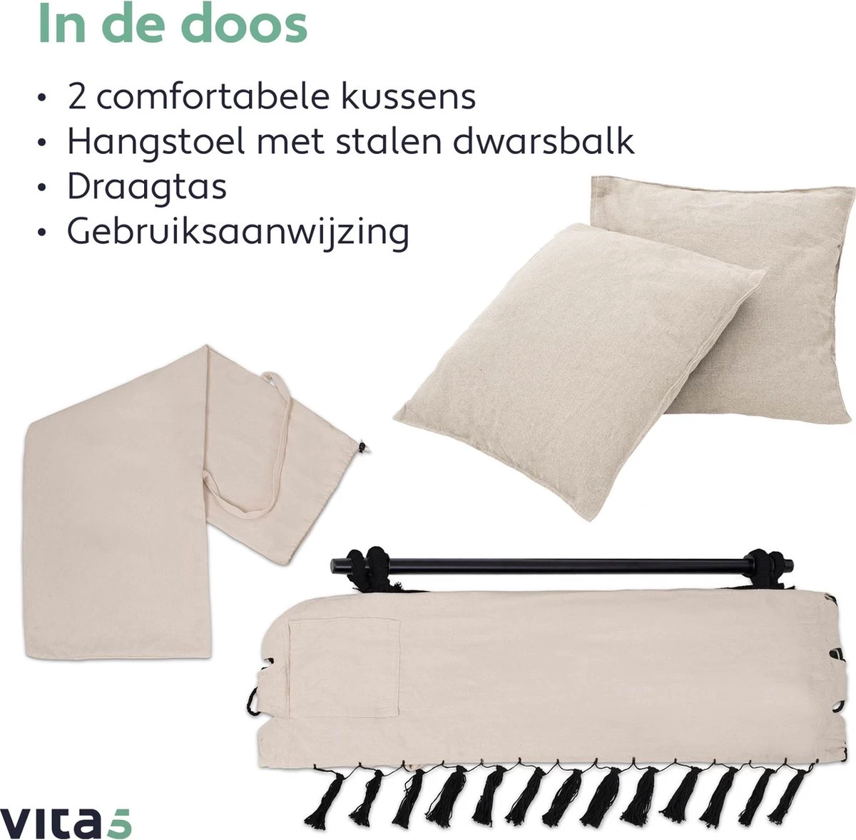Vita5 XXL Hangstoel | Binnen&Buiten Hangnest | Incl. 2 Kussens En Boekenvak | Volwassenen&Kinderen | Hangmatstoel Tot 225kg | Beige - Afbeelding 8