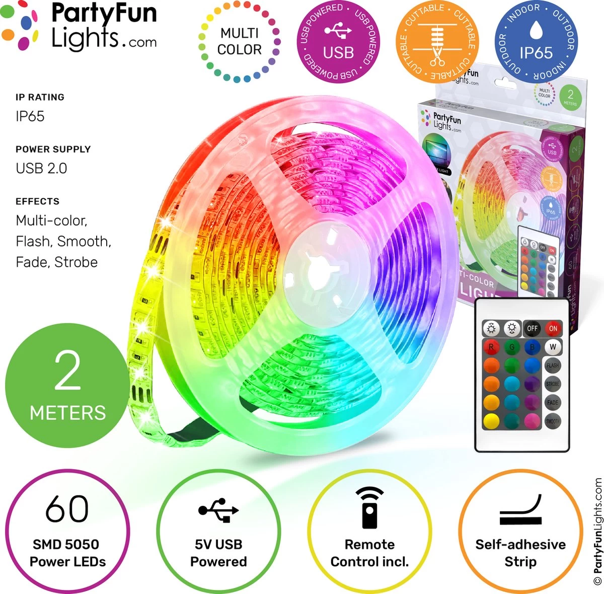 PartyFunLights - LED Strip - Multi-Color RGB - Werkt Op USB - 2 Meter - Afbeelding 2