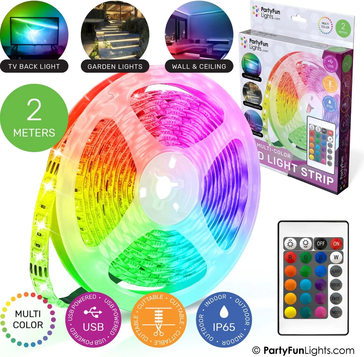 PartyFunLights - LED Strip - Multi-Color RGB - Werkt Op USB - 2 Meter - Afbeelding 3