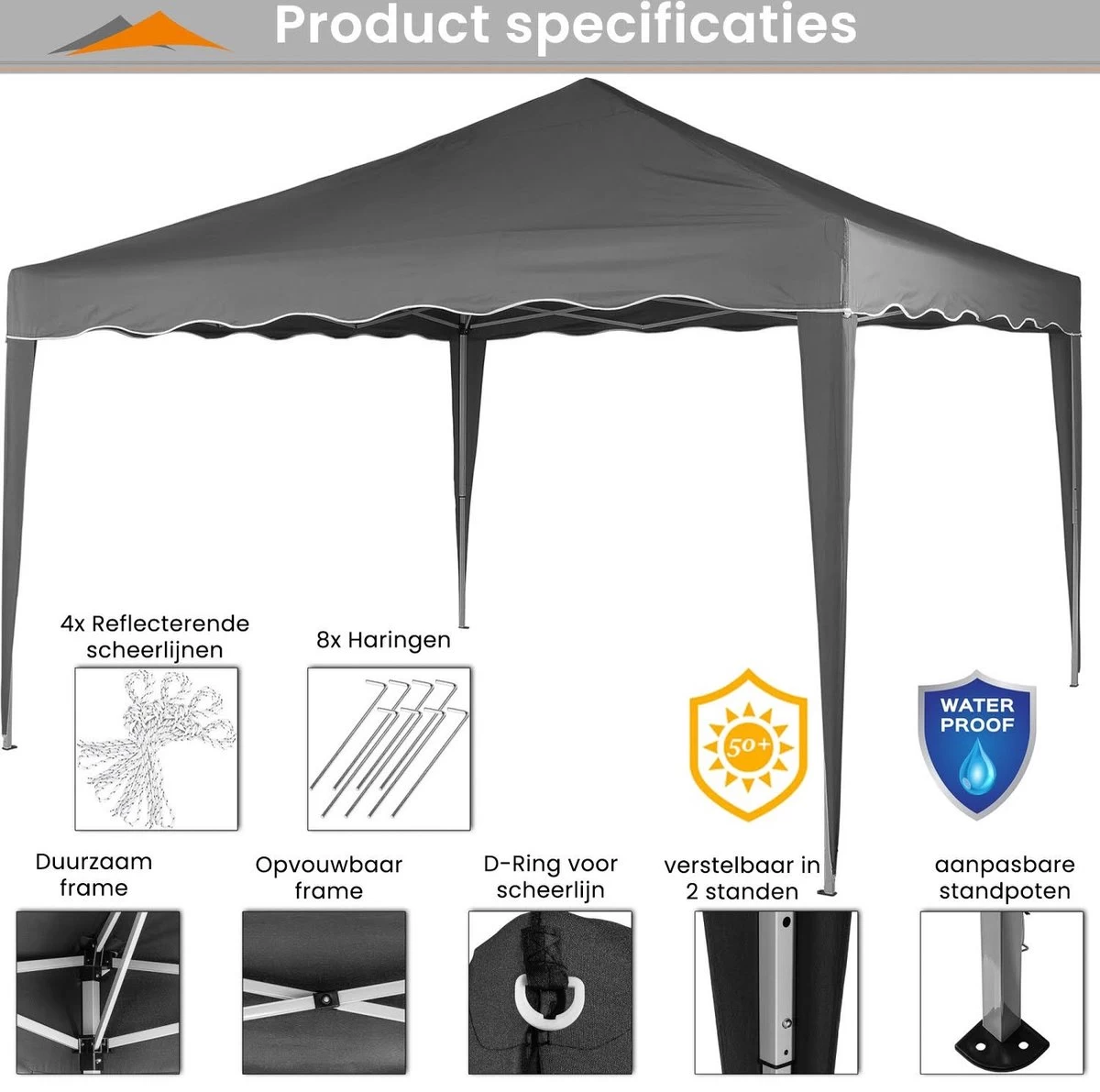Easy Up Partytent - Partytent - Paviljoen - Partytent Opvouwbaar - Partytent 3x3 - Partytent Met Zijwanden - Inclusief Trolley - Waterdicht - UV 50+ Bescherming - Met Ramen - 16 Kg - Staal - Antraciet - 300 X 300 Cm - Afbeelding 6