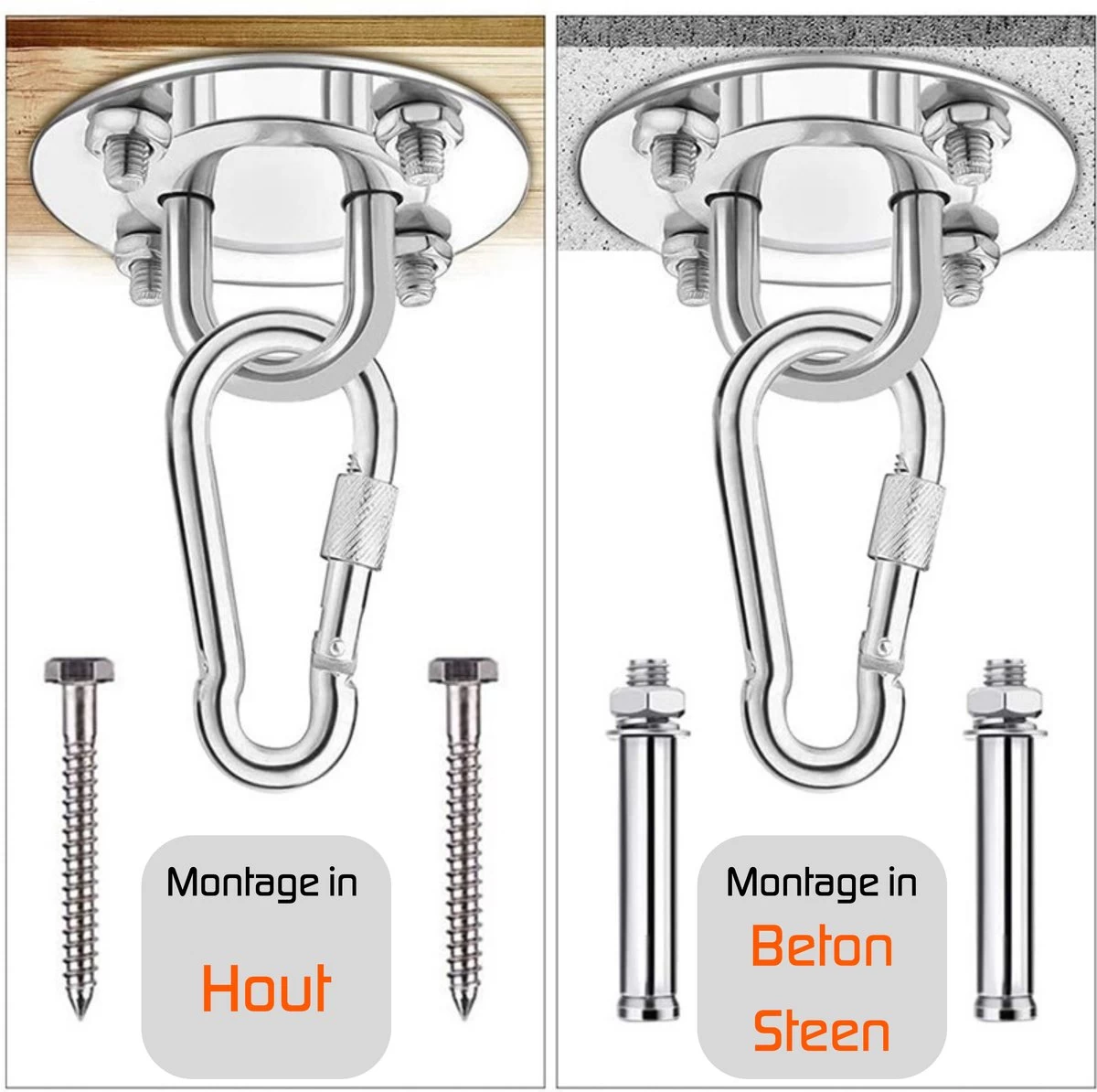 Plafondhaak – Voor Beton En Hout - Hangstoel – Hangmat – Bokszak – RVS – Binnen En Buiten – Ophangsysteem – Ophanghaak – 400KG - Afbeelding 3
