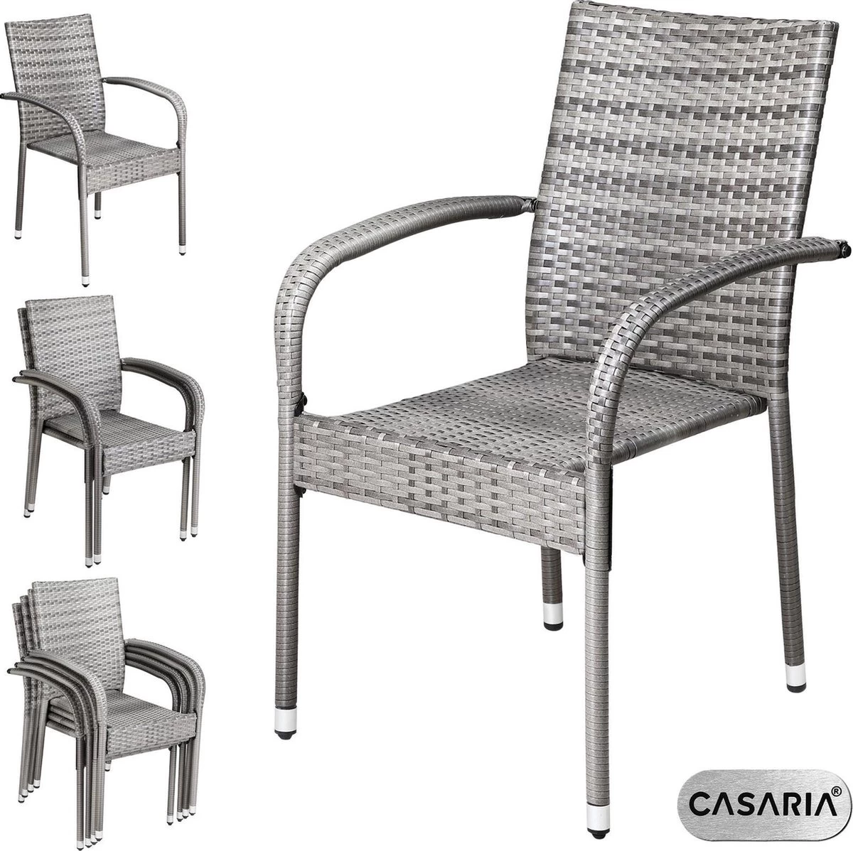 Casaria Polyrattan Tuinstoelen – 4 Stuks Stapelbaar – Grijs - Afbeelding 6