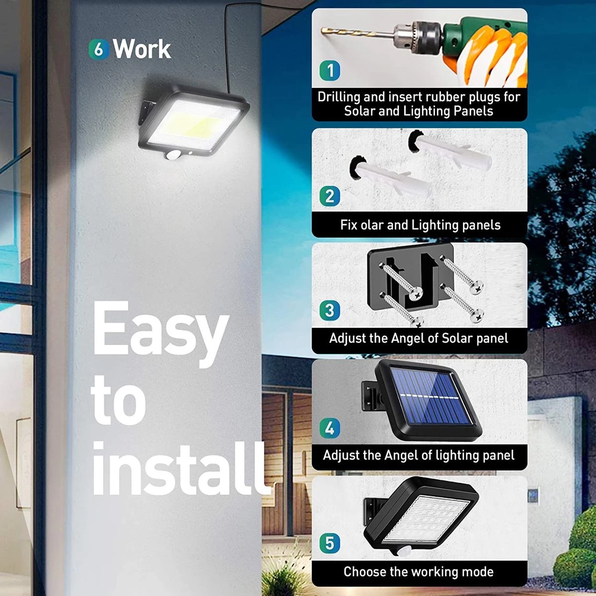 Buitenlamp Met Bewegingssensor – Buitenverlichting Zonne Energie - Wandlamp Buiten – Sensor – Solar – Dag Nacht Sensor – 100 LEDS – Zwart – Helder Licht - Zonne-energie - LED-schijnwerper Bewegingssensor En Los Zonnepaneel - - Afbeelding 9