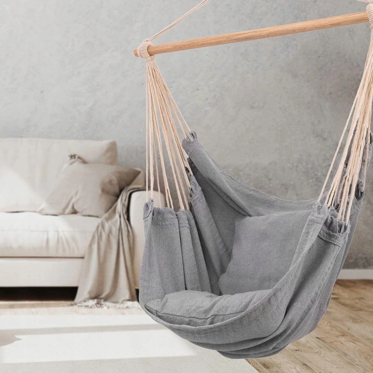 RENALUX Hangstoel Buiten En Binnen - Hangstoel Voor Binnen - Hangstoel Zonder Standaard - Hangstoel Cocoon - Gratis 2 Zachte Kussens - 150 KG - Grijs - Afbeelding 6