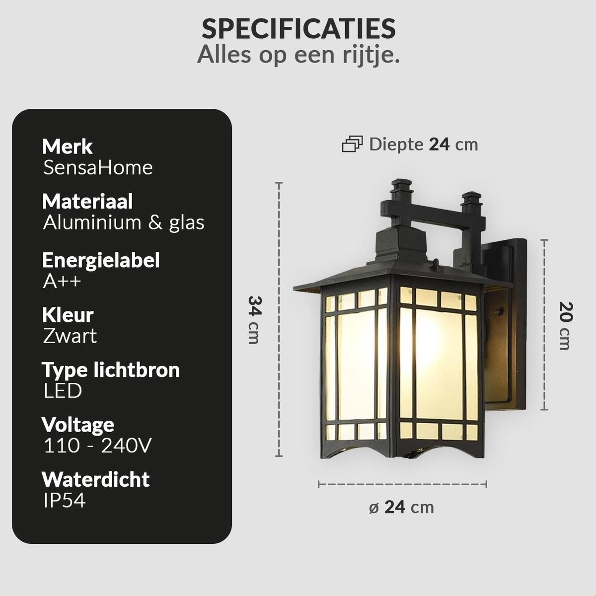 SensaHome Oriental - Klassieke Industriële Tuinlamp Buitenlamp | Luxe Wandlamp Met Japans Aziatische Stijl - Zwart - Afbeelding 7
