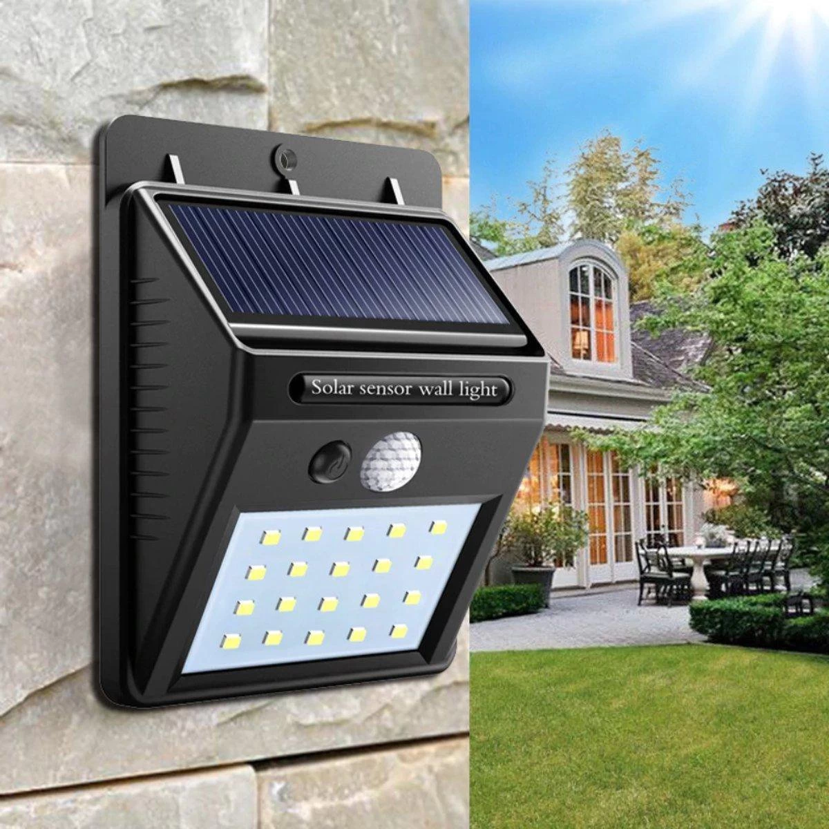 Solar LED Lamp Met Bewegingssensor - 20 LEDs - Zwart - Voor Buiten - Zonne-energie - Afbeelding 2
