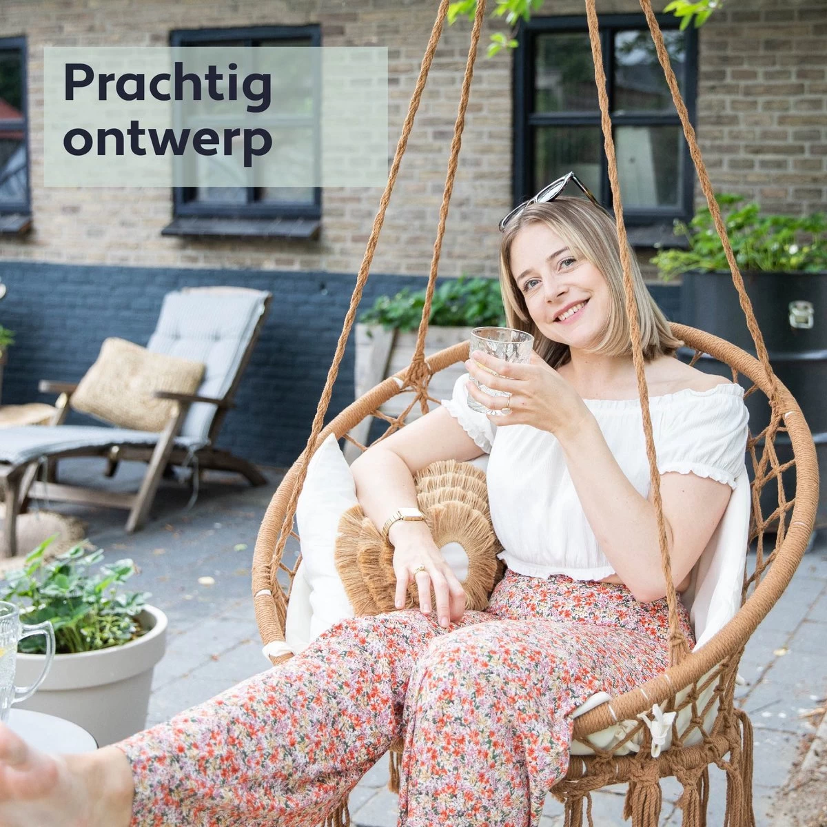 Vita5 Macramé Hangstoel - Voor Binnen En Buiten - Zonder Standaard - Incl. Kussen, Boekenvak En Beschermhoes - Tot 150kg - Bruin/Beige - Afbeelding 4