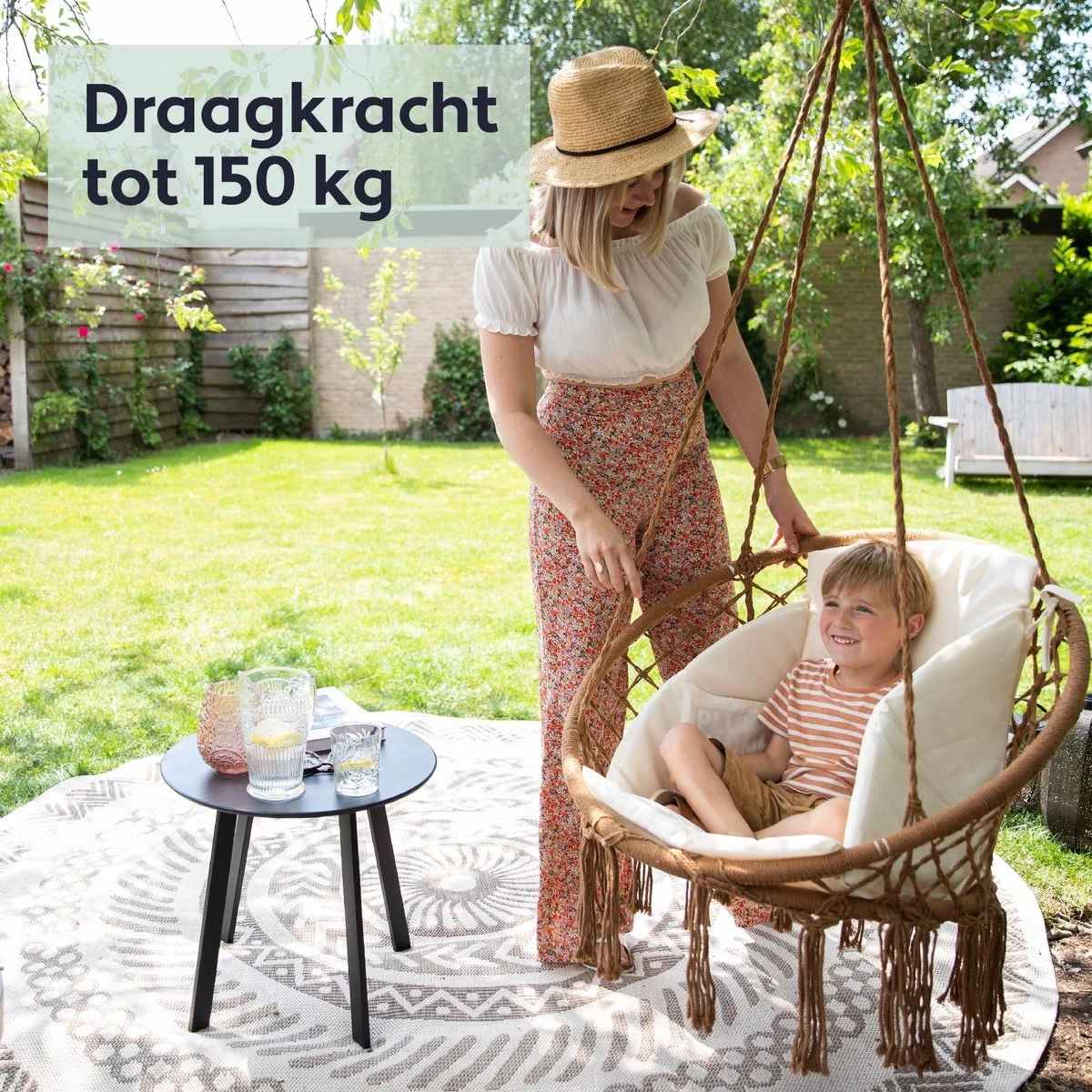 Vita5 Macramé Hangstoel - Voor Binnen En Buiten - Zonder Standaard - Incl. Kussen, Boekenvak En Beschermhoes - Tot 150kg - Bruin/Beige - Afbeelding 5