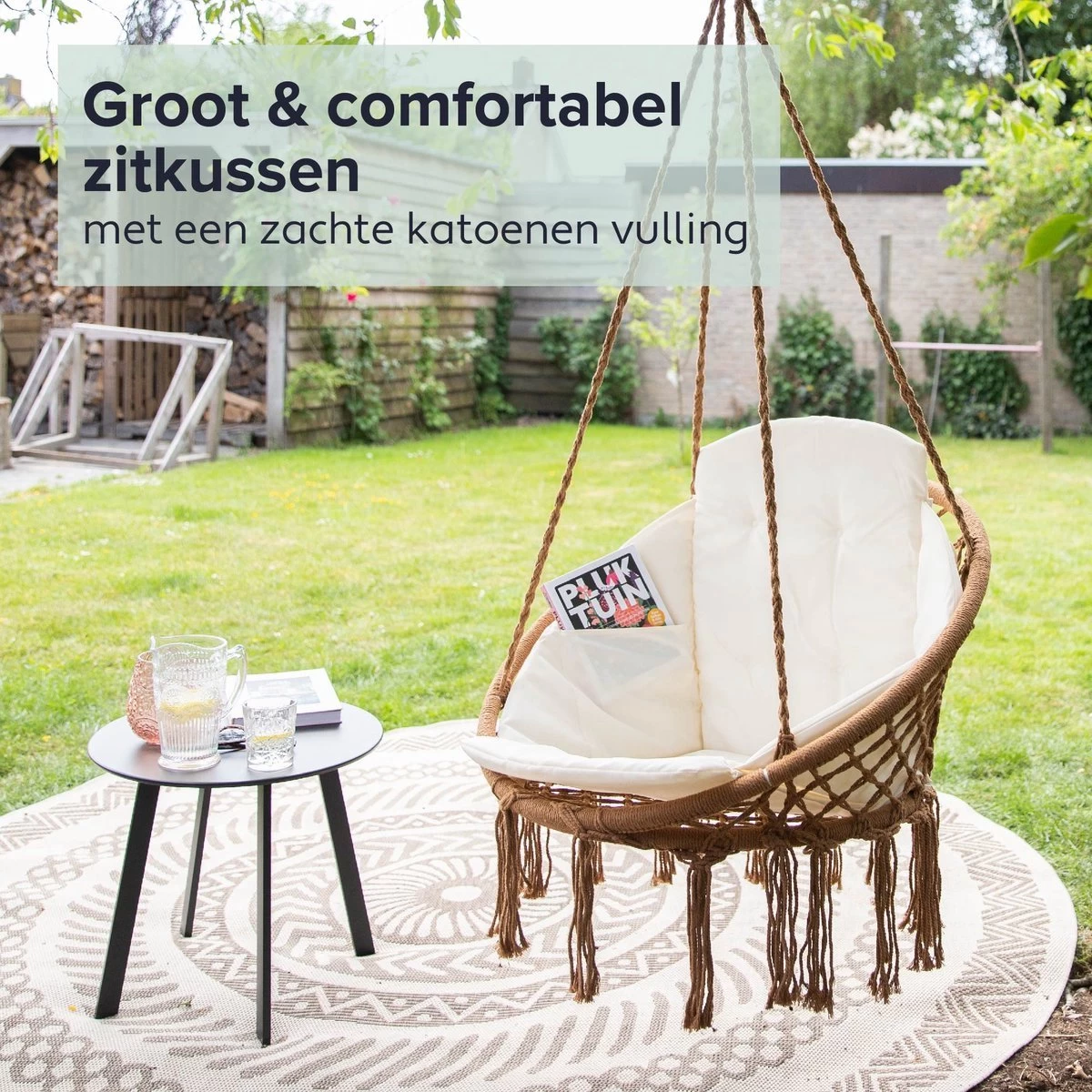 Vita5 Macramé Hangstoel - Voor Binnen En Buiten - Zonder Standaard - Incl. Kussen, Boekenvak En Beschermhoes - Tot 150kg - Bruin/Beige - Afbeelding 6