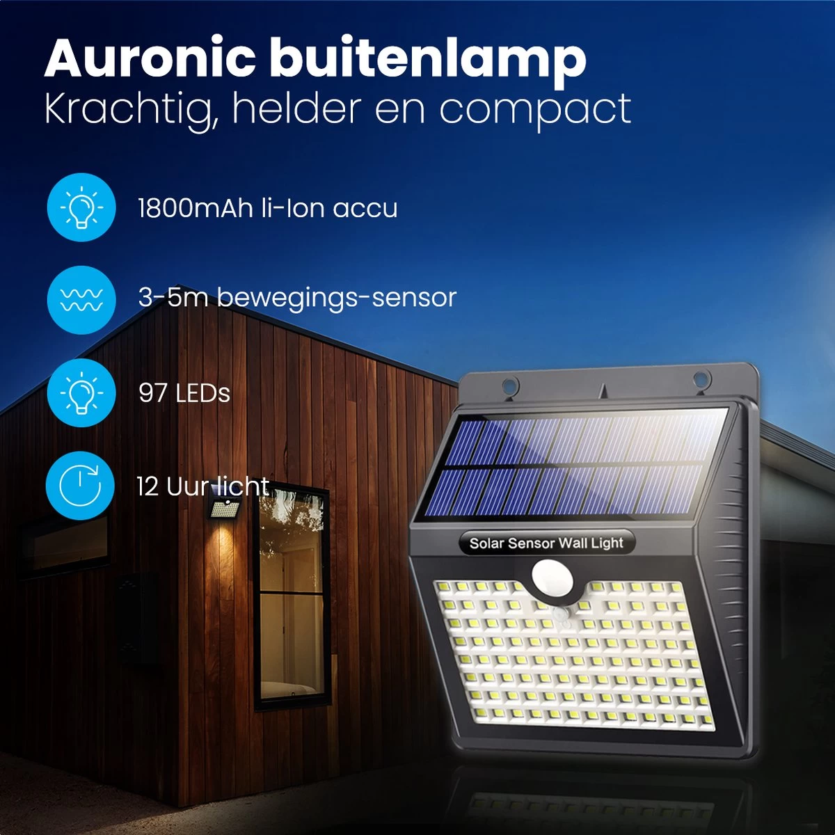 Auronic Buitenlamp - Zonne-energie - 2 Stuks - Bewegingssensor - 97 LED's - Wandlamp - IP65 - Zwart - Afbeelding 2