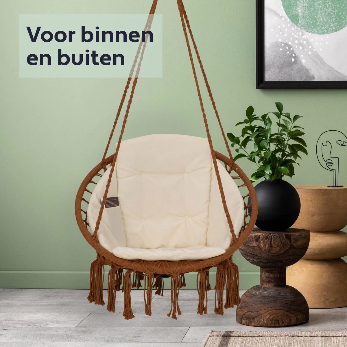 Vita5 Macramé Hangstoel - Voor Binnen En Buiten - Zonder Standaard - Incl. Kussen, Boekenvak En Beschermhoes - Tot 150kg - Bruin/Beige - Afbeelding 9