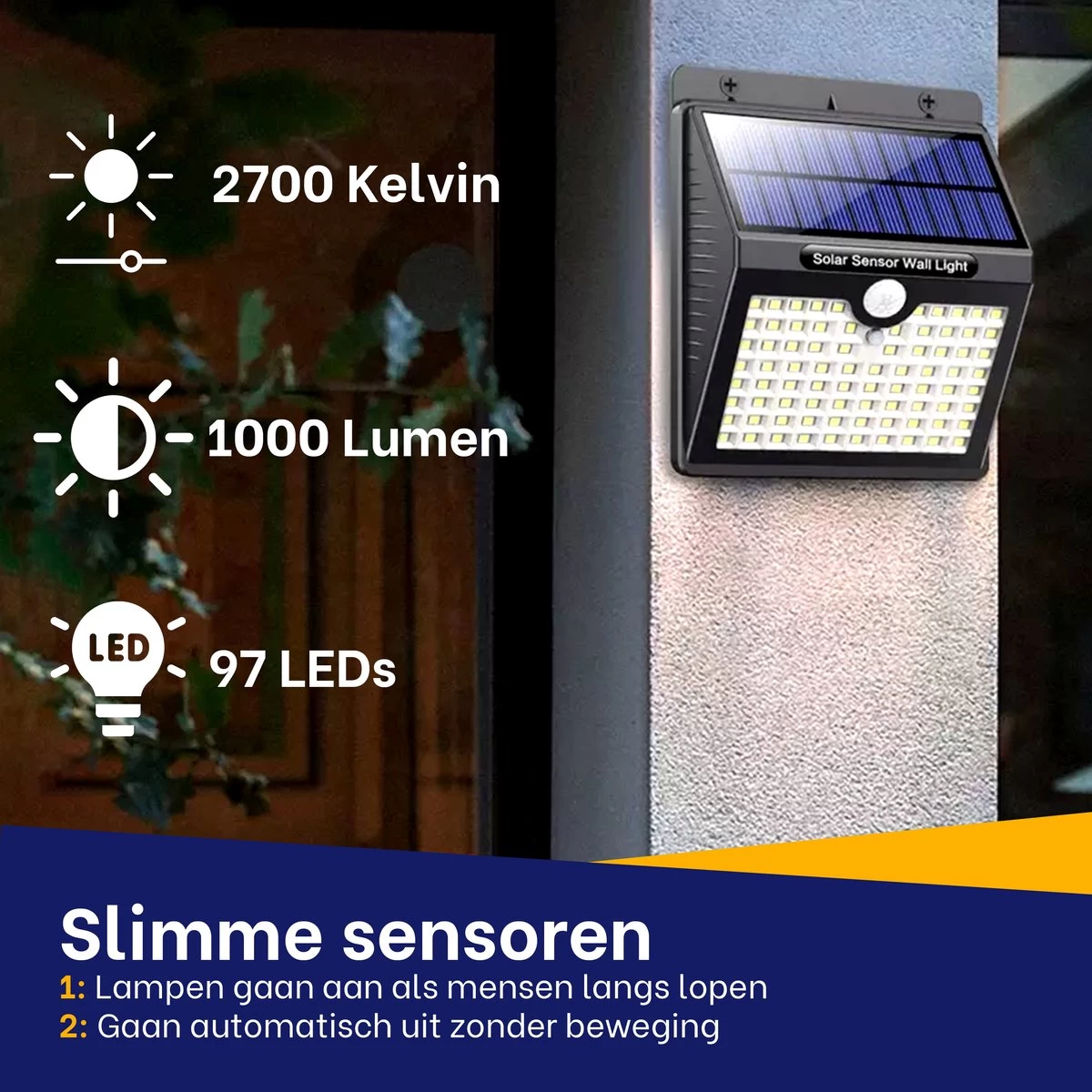 Merkloos Solar Buitenlamp Met Bewegingssensor - Wit Licht - Tuinverlichting Op Zonne-energie - IP65 Waterdicht - 2 Stuks - 97 LEDs - 2700K - Zwart - Afbeelding 6