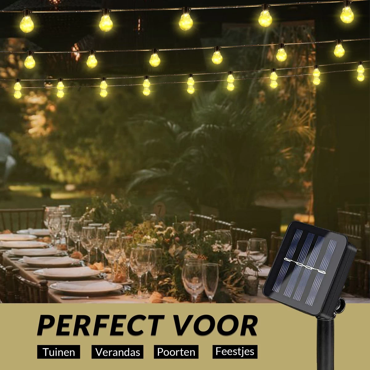 Homèlle Solar Lichtsnoer - 20 LED - 3+2 Meter - Warm-wit - ø5cm - Tuinverlichting Op Zonne-energie - Kerstverlichting - Buitenverlichting - Lichtslinger - Lampjes Slinger - Transparant - Afbeelding 3