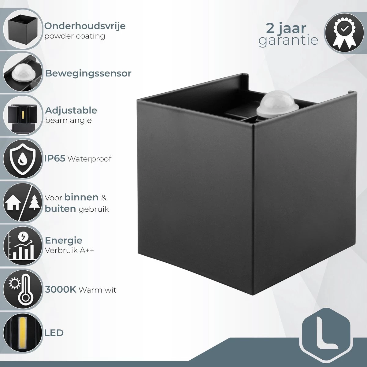 Lura Life - Design Wandlamp Kubus Met Bewegingssensor - LED - Zwart - 3000K Warm Wit - IP65 Waterdicht - Muurlamp - Geschikt Voor Binnen & Buiten - Motion Sensor - Afbeelding 9