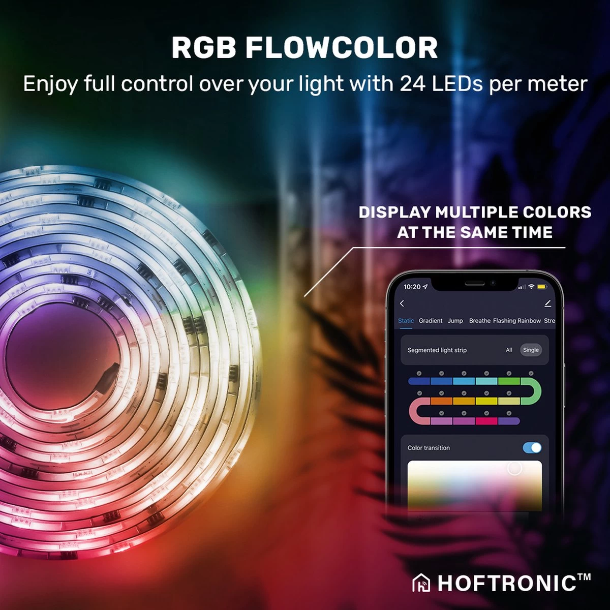 HOFTRONIC - Smart LED Strip 5m - RGB Flow Colors - WiFi + Bluetooth - 16,5 Miljoen Kleuren Met 120 LEDs - Music Sync - Met Afstandsbediening - Zelfklevend - Voor Google Home, Amazon Alexa En Siri - Afbeelding 4