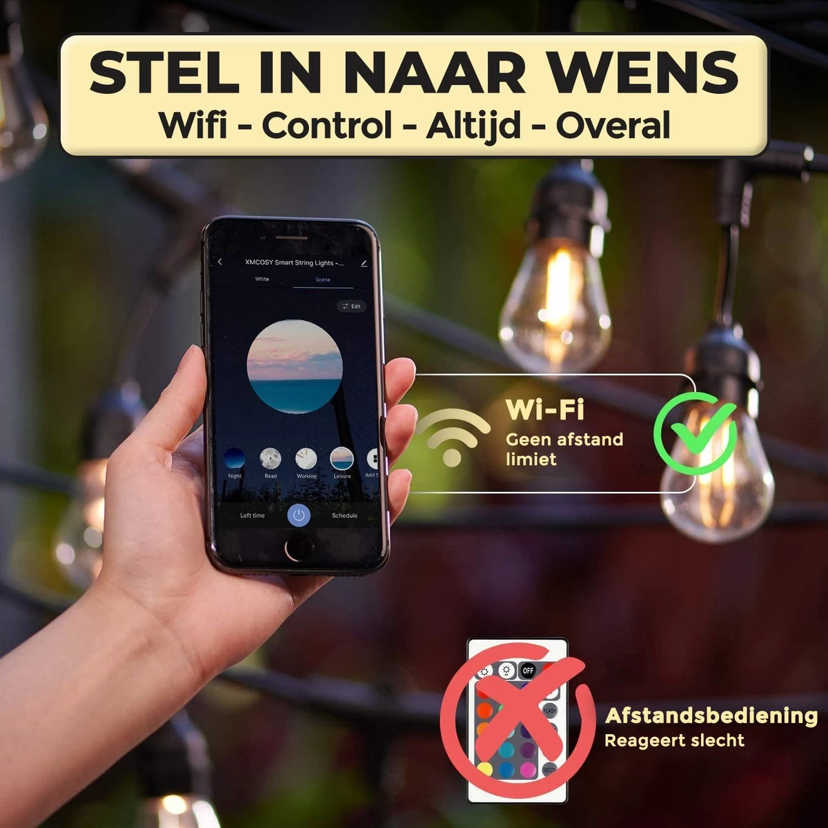Nince Smart Tuinverlichting 15 Meter - Bedien Met Smartphone - Sfeerverlichting Voor In De Tuin - Lichtsnoer - Tuinverlichting Met Snoer - E27 - Afbeelding 6