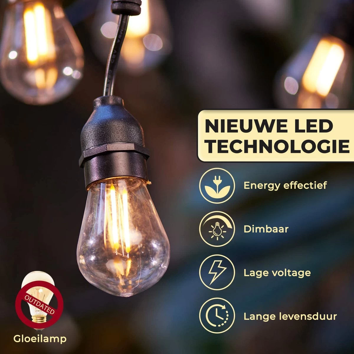 Nince Smart Tuinverlichting 15 Meter - Bedien Met Smartphone - Sfeerverlichting Voor In De Tuin - Lichtsnoer - Tuinverlichting Met Snoer - E27 - Afbeelding 9