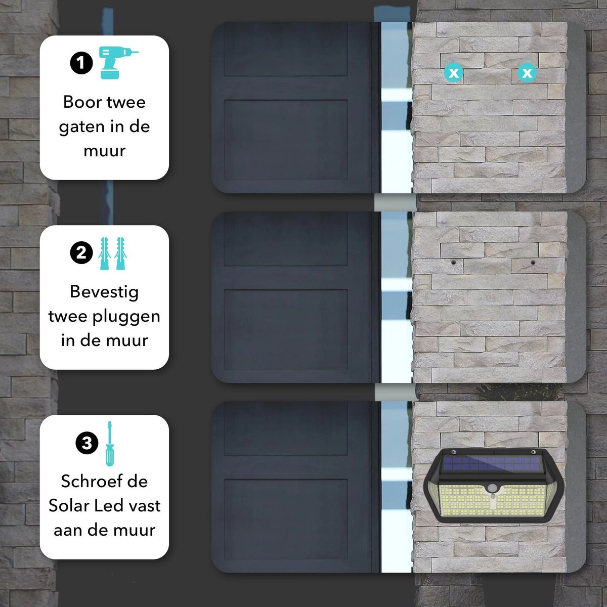 Iqonic Buitenlamp Met Bewegingssensor - Zonne-energie - 266 LED's - Wandlamp Buiten Met Sensor - Solar Buitenverlichting - Zwart - Afbeelding 8