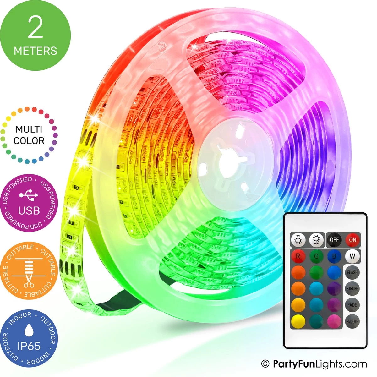 PartyFunLights - LED Strip - Multi-Color RGB - Werkt Op USB - 2 Meter