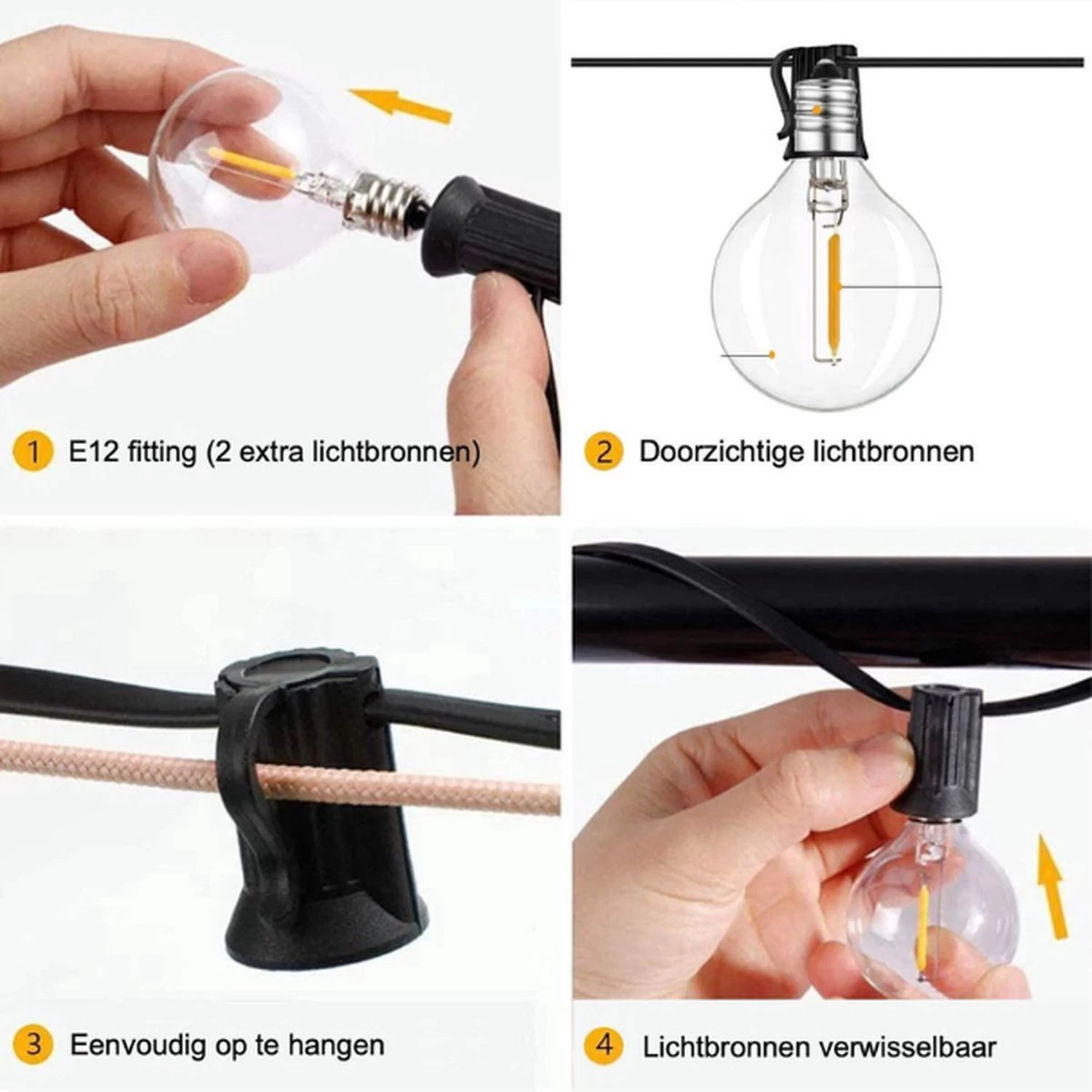 Merkloos Lichtsnoer Op Zonne-energie - Warm Wit - Tuinverlichting - Lichtslinger - 10M - Waterdicht - E27 Fitting - Warm Wit - Incl. 20 LED Lampen - Voor Binnen En Buiten - Solar Tuinverlichting - Afbeelding 10