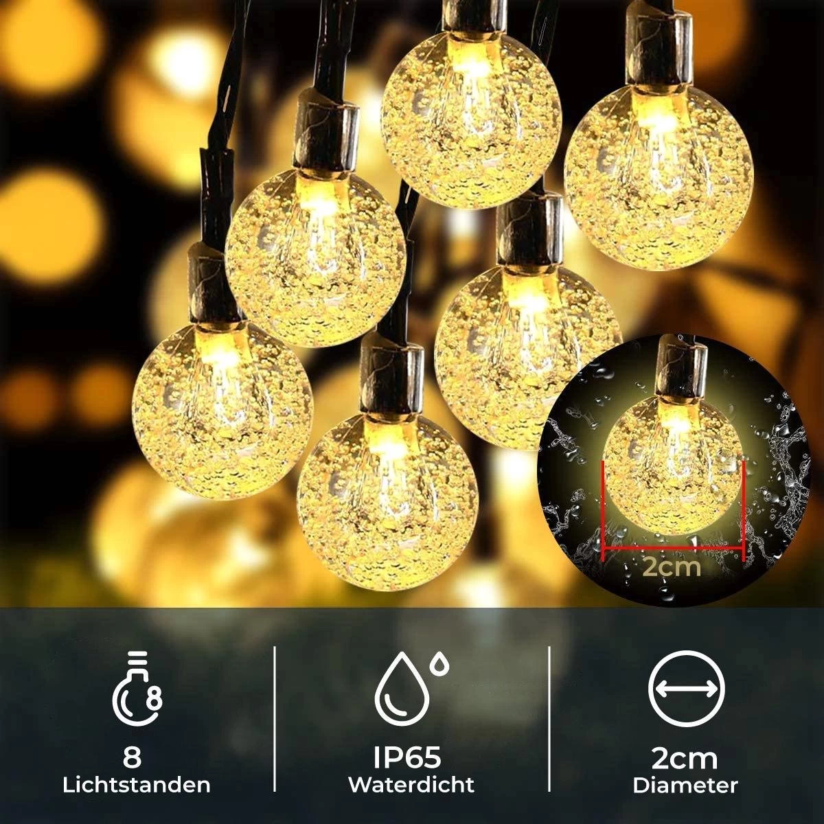 Homèlle Solar Lichtsnoer - 30 LED - 4 + 2 Meter - Warm-wit - ø2cm - Tuinverlichting Op Zonne-energie - Kerstverlichting - Buitenverlichting - Lichtslinger - Lampjes Slinger - Cristal - Afbeelding 2