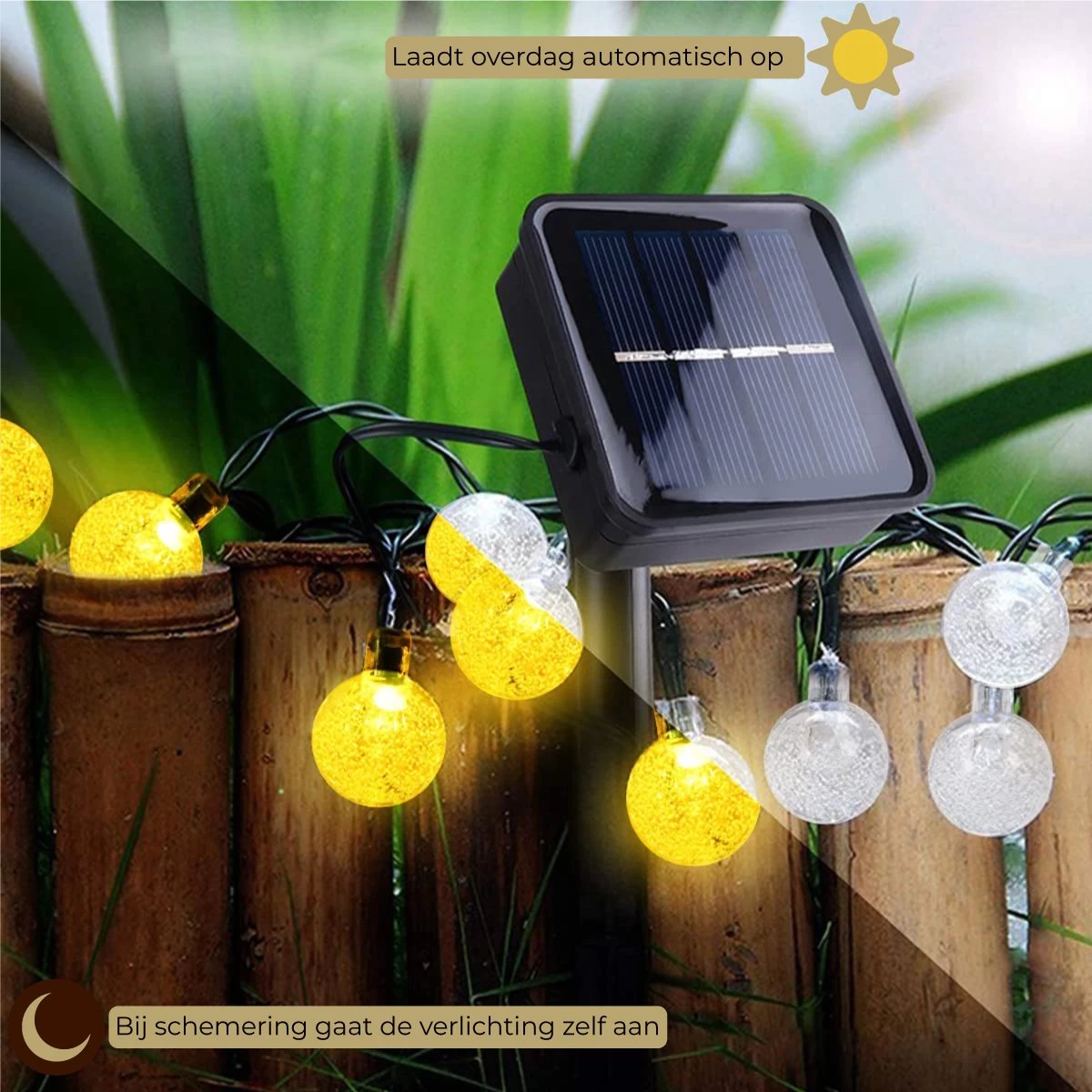 Homèlle Solar Lichtsnoer - 30 LED - 4 + 2 Meter - Warm-wit - ø2cm - Tuinverlichting Op Zonne-energie - Kerstverlichting - Buitenverlichting - Lichtslinger - Lampjes Slinger - Cristal - Afbeelding 3