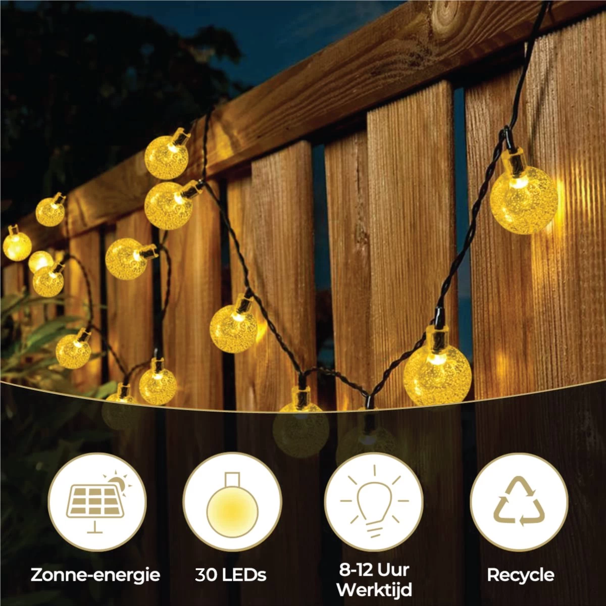 Homèlle Solar Lichtsnoer - 30 LED - 4 + 2 Meter - Warm-wit - ø2cm - Tuinverlichting Op Zonne-energie - Kerstverlichting - Buitenverlichting - Lichtslinger - Lampjes Slinger - Cristal - Afbeelding 5
